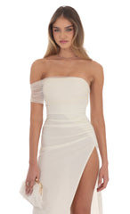 Off Shoulder Tulle Sleeve Maxi Dress in Ivory