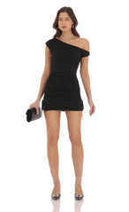Off Shoulder Ruched Bodycon Dress in Black