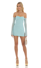 Mesh Off Shoulder Bodycon Dress in Blue