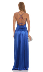 Satin Slit Maxi Dress in Blue