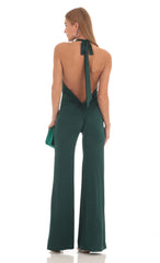 Drape Open Back Jumpsuit in Dark Green