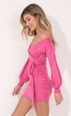 Off Shoulder Dress in Hot Pink Suede