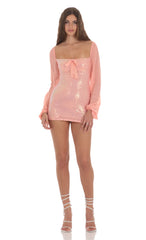 Sequin Balloon Sleeve Bodycon Dress in Coral