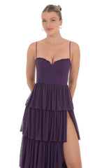 Mesh Ruffle Maxi Dress in Dark Purple