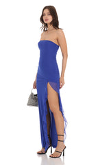 Strapless Mesh Ruffle Slit Dress in Royal Blue