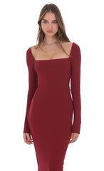 Cinch-Tie Ribbed Maxi Dress in Burgundy