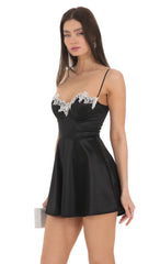 Embroidery Lace Satin A-line Dress in Black