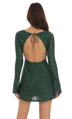 Sequin Long Sleeve Open Back Dress in Green