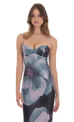 Floral Back Tie Maxi Dress in Dark Teal