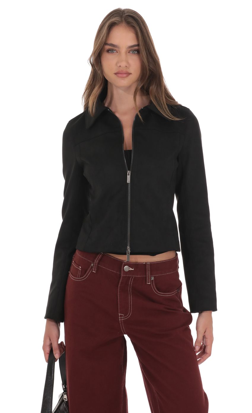 Suede Zip-Up Jacket in Black