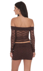 Lace Ruched Mini Skirt in Brown