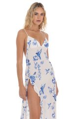 Floral Ruffle Slit Maxi Dress in White