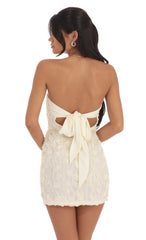 Textured Floral Strapless Dress in Cream Yellow