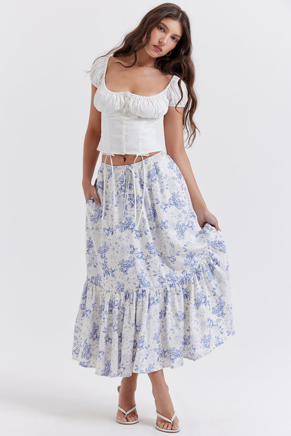 blue print midi skirt