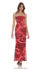 Floral Bodycon Open Back Maxi Dress in Red