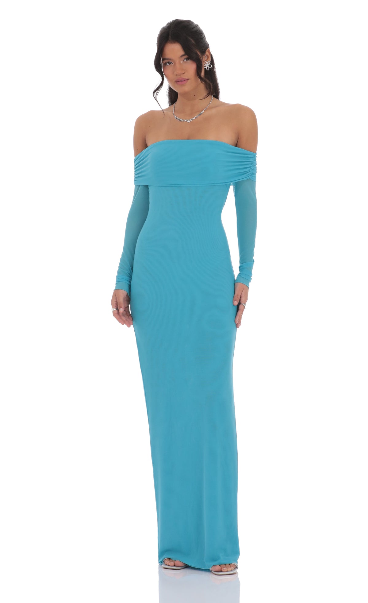 Mesh Off Shoulder Maxi Dress in Aqua Blue