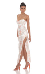 Satin Floral Cinched Maxi Dress in White