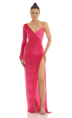 Tomia Asymmetrical Velvet Maxi Dress in Pink