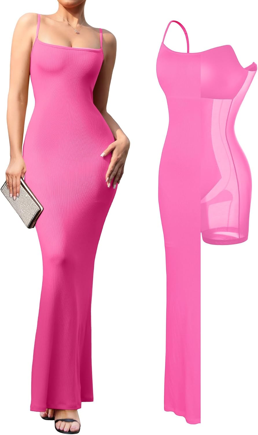 Popilush Summer Maxi Dress for Women - Cocktail Shapewear Dresses Built-in Bra Adjustable Straps Vacation Long Slip