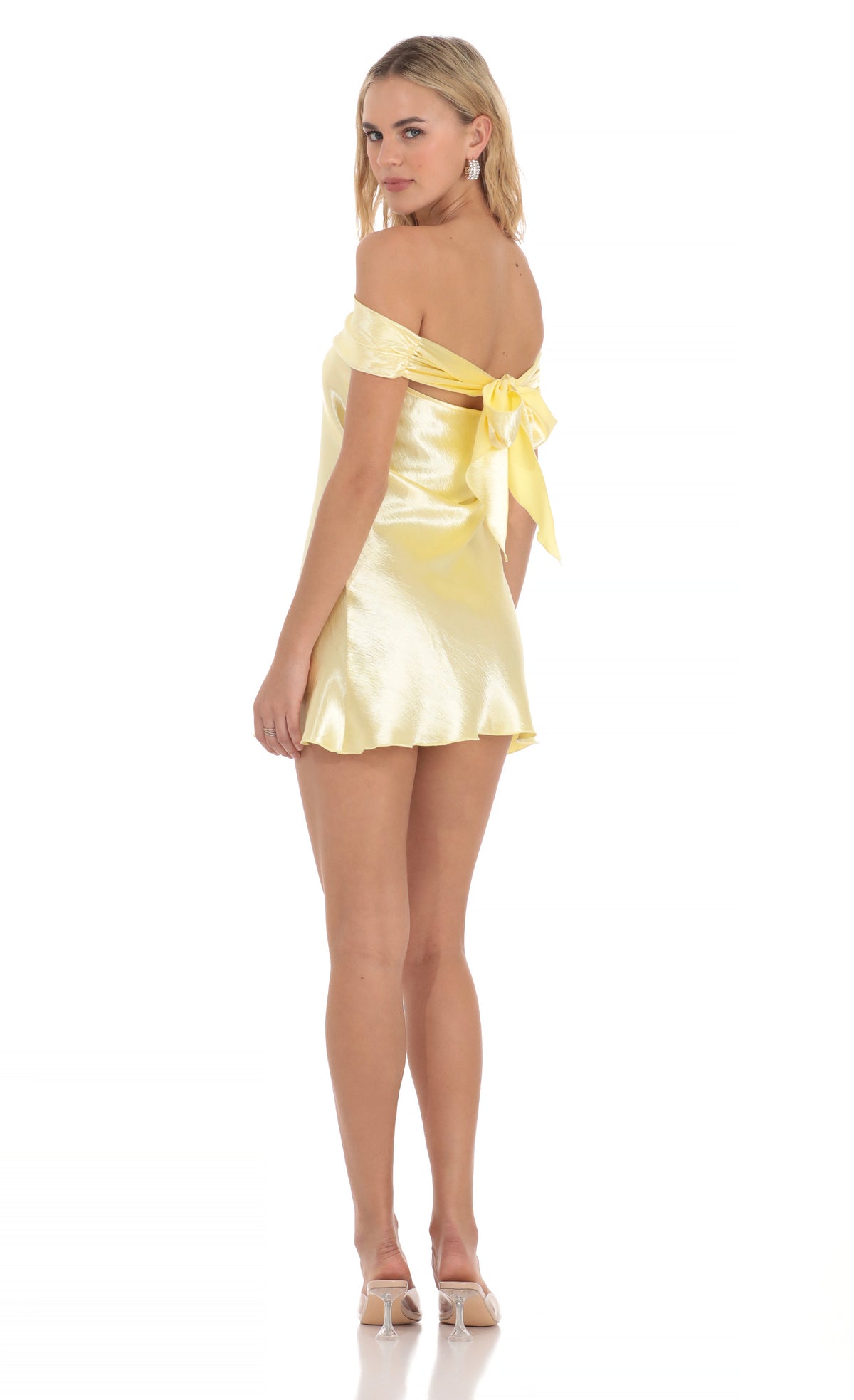 Satin Off Shoulder Dress in Yellow