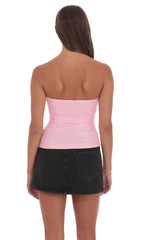 Foil Mesh Ruched Tube Top in Pink