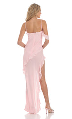 Chiffon Ruffle Maxi Dress in Pink
