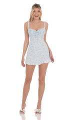 Lace Strap Floral Open Back Dress in Blue