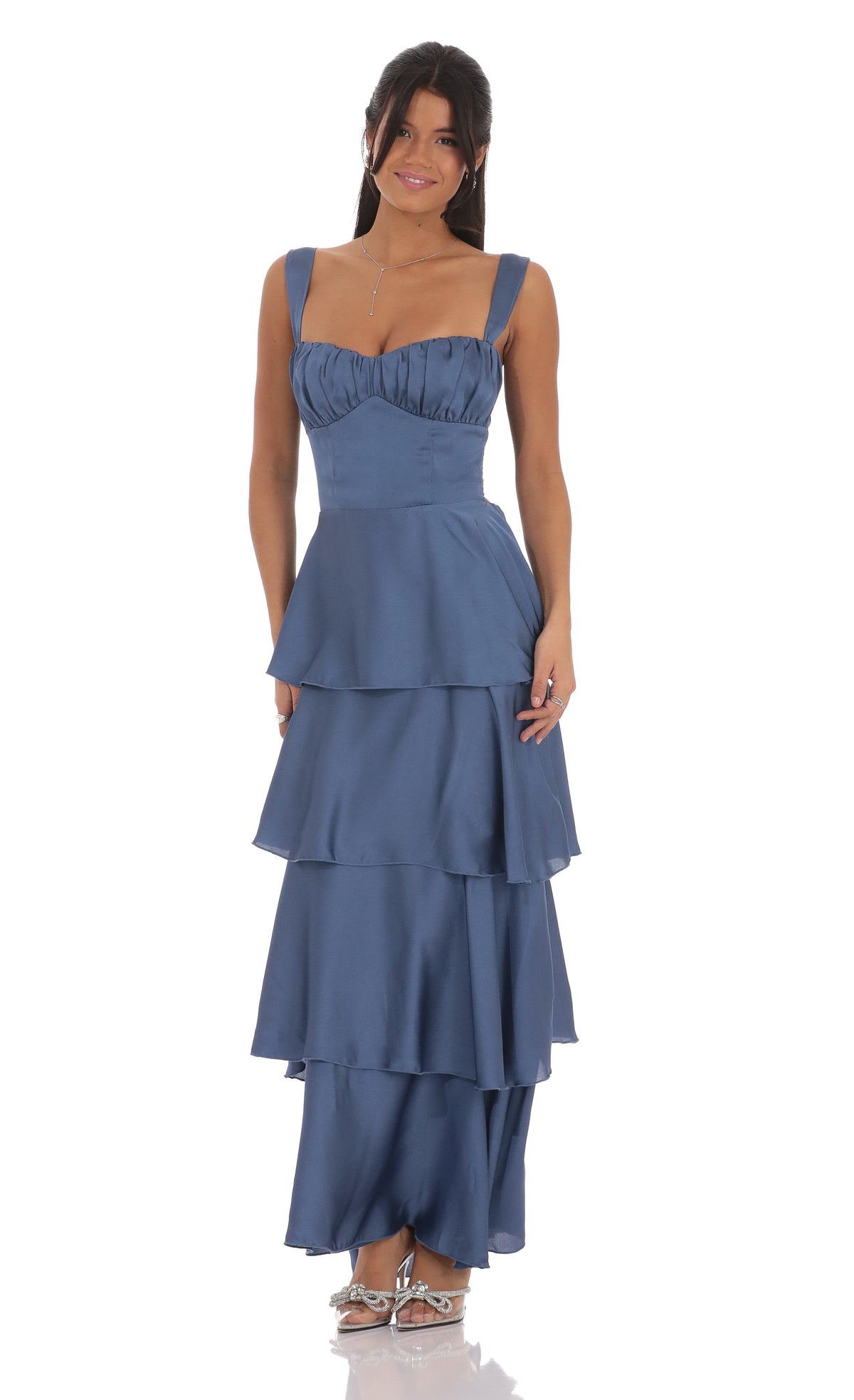 Satin Ruffle Maxi Dress in Slate Blue