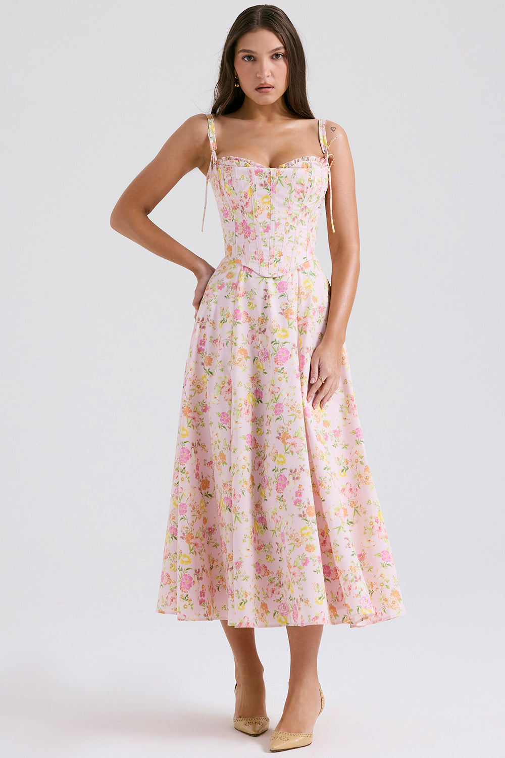 pink meadow print cotton midi sundress