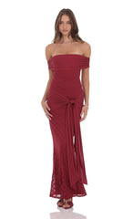 Lace Tassel Wrap Maxi Dress in Maroon
