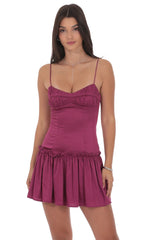 Satin Ruched Flare Dress in Magenta