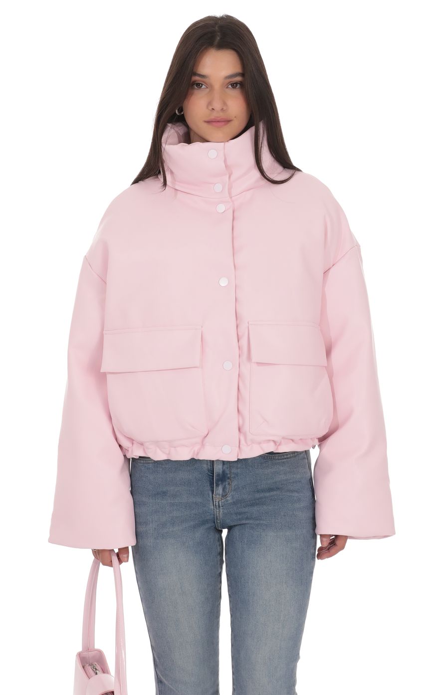 High Collar Cropped Puffer Jacket in Pink