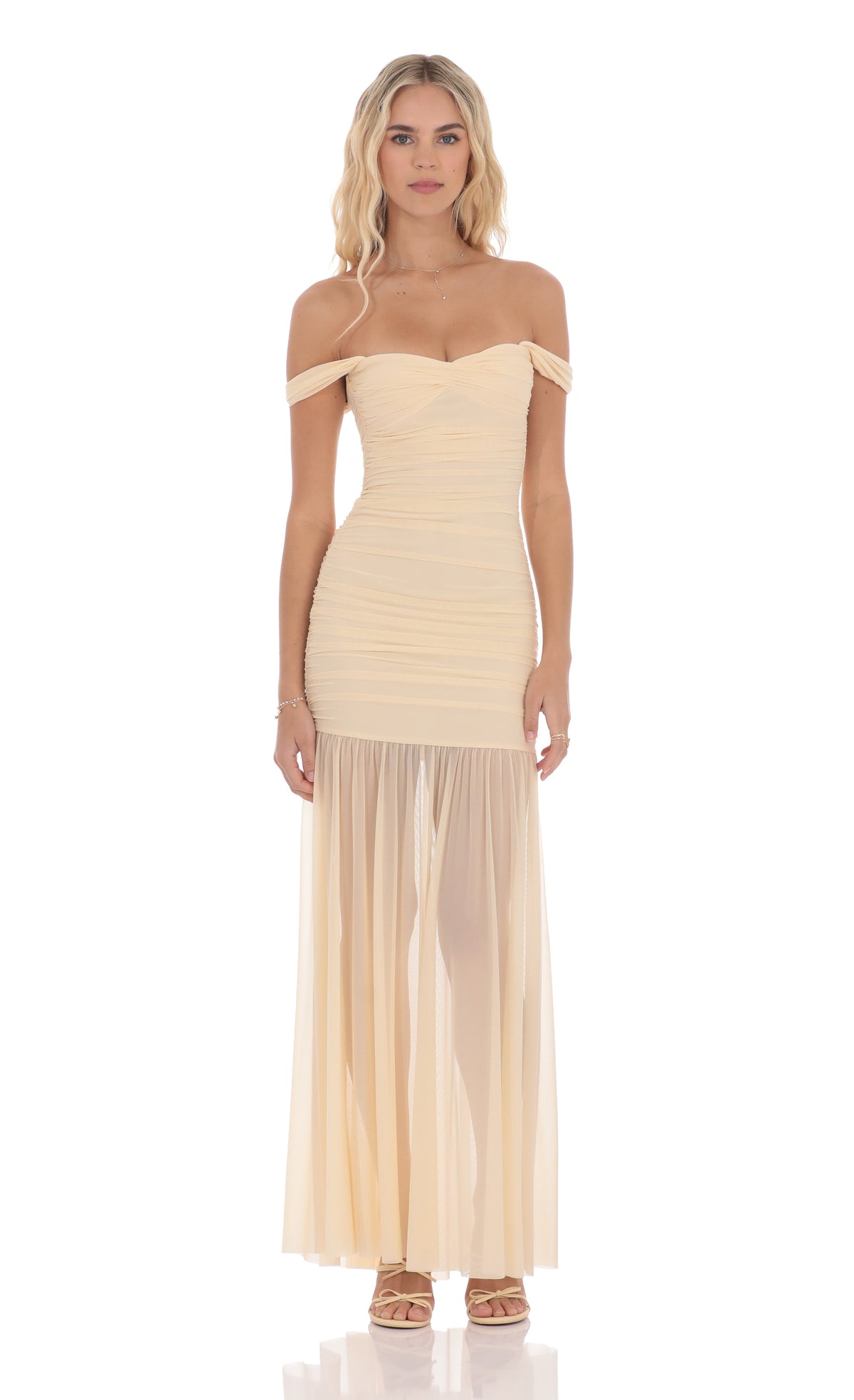 Mesh Off Shoulder Ruched Maxi Dress in Beige