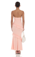 Strapless Spiral Ruffle Maxi Dress in Peach