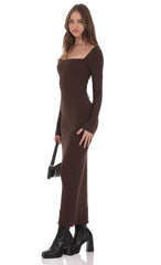 Cinch-Tie Ribbed Maxi Dress in Brown