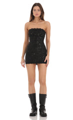 Lace Sequin Strapless Bodycon Dress in Black