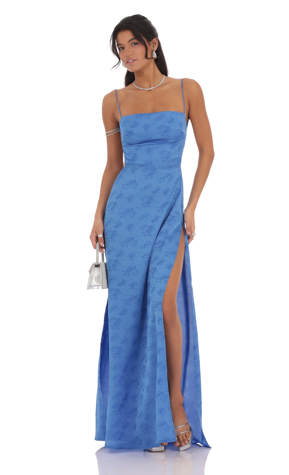 Satin Floral Maxi Dress in Blue