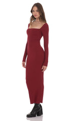 Cinch-Tie Ribbed Maxi Dress in Burgundy