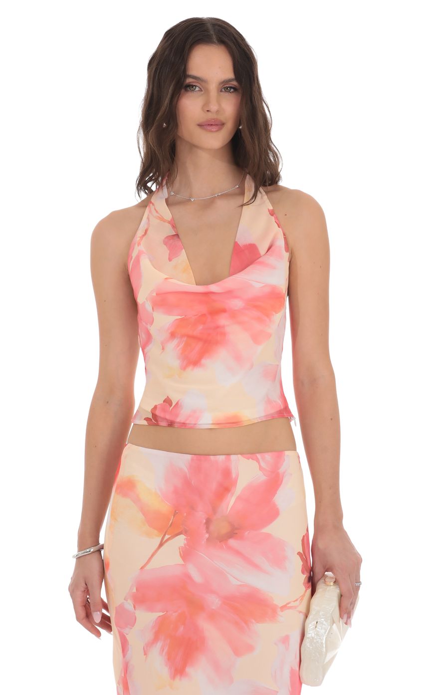 Floral Cowl Neck Halter Top in Orange