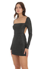Shimmer Long Sleeve Open Back Bodycon Dress in Black