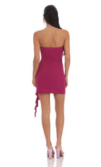 Rose Strapless Ruched Tassel Dress in Berry