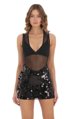 Mesh Sequin Skirt Dress in Black