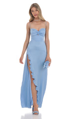 Satin Front Twist Strappy Maxi Dress in Blue