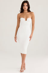 white ribbed knit strapless midi dress