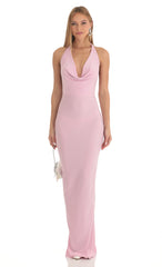 Gathered Back Halter BodyCon Maxi Dress in Pink