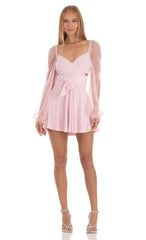 Sequin Puff Wrap Dress in Pink