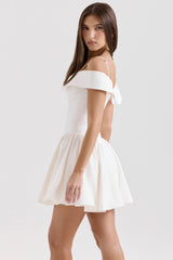 white twill off shoulder mini dress
