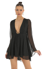 Chiffon Plunge Neck Dress in Black
