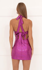 Holographic Halter Bodycon Dress in Purple