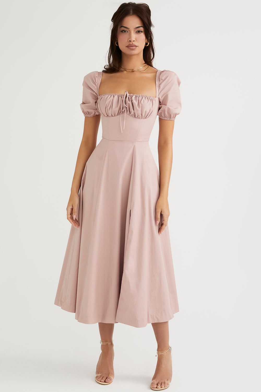 blush puff sleeve midi dress